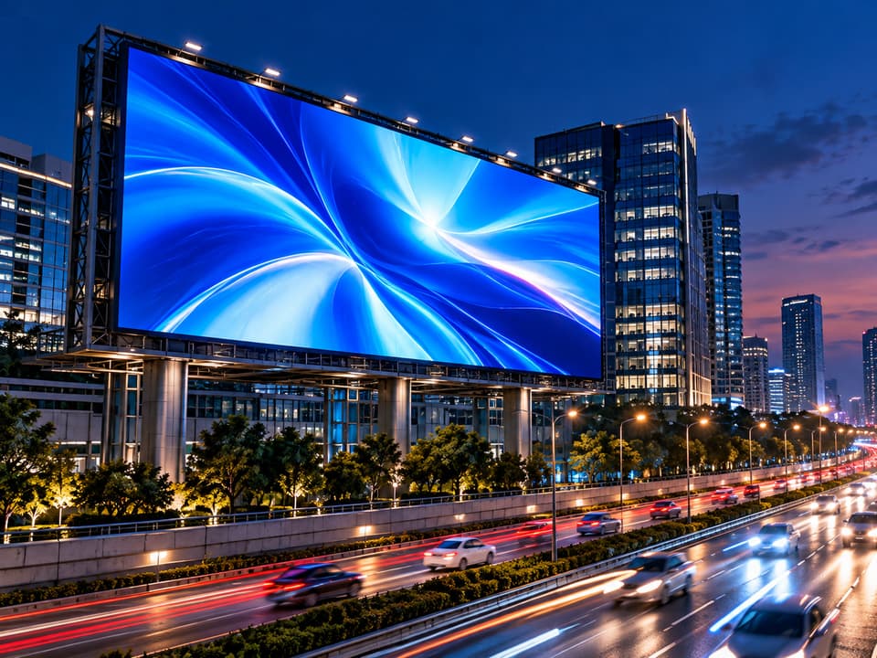 High-brightness outdoor LED billboard in a city at dusk